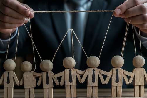 Foto: Puppenspieler im Anzug mit Holzpuppen